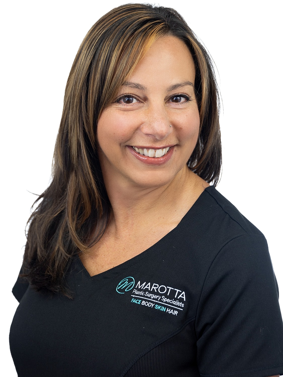 Smiling professional in medical attire with logo